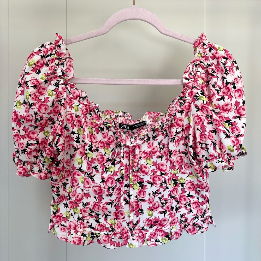 Zara Pink Floral Puff Sleeve Blouse
